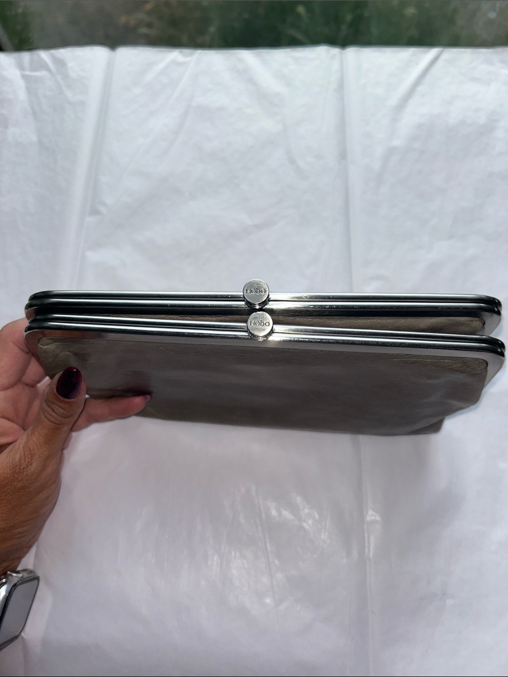 HOBO Metallic Cement Grey Leather Double-Clasp Clutch
